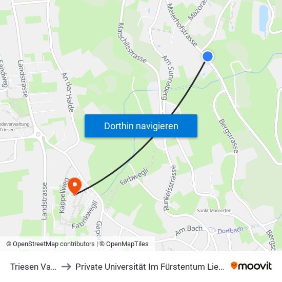 Triesen Vaschiel to Private Universität Im Fürstentum Liechtenstein (Ufl) map