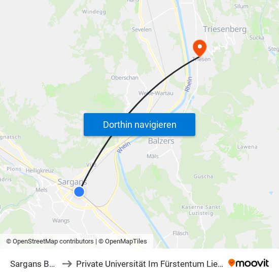 Sargans Bahnhof to Private Universität Im Fürstentum Liechtenstein (Ufl) map