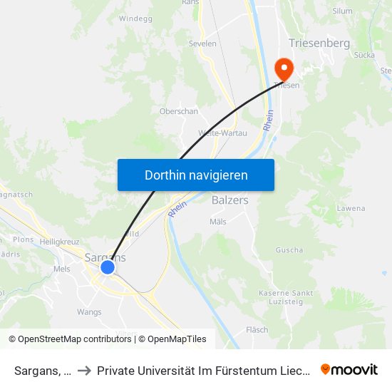 Sargans, Post to Private Universität Im Fürstentum Liechtenstein (Ufl) map