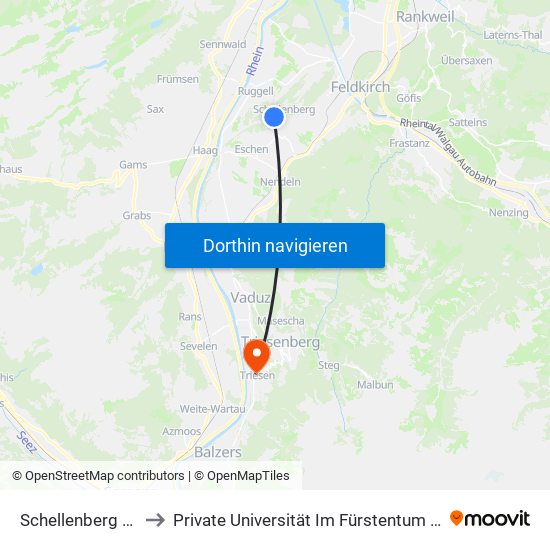 Schellenberg Tannwald to Private Universität Im Fürstentum Liechtenstein (Ufl) map