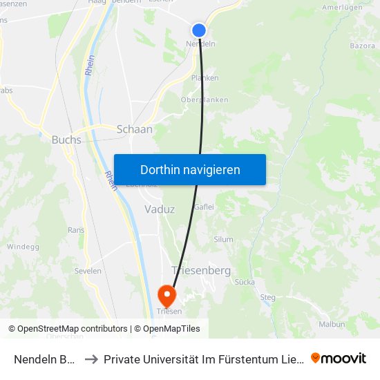 Nendeln Bahnhof to Private Universität Im Fürstentum Liechtenstein (Ufl) map