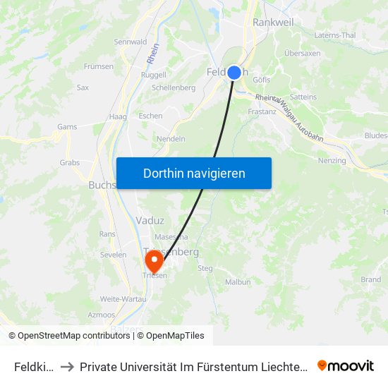 Feldkirch to Private Universität Im Fürstentum Liechtenstein (Ufl) map