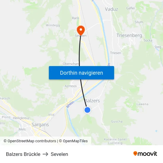 Balzers Brückle to Sevelen map