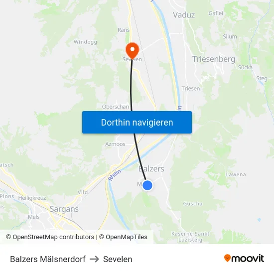 Balzers Mälsnerdorf to Sevelen map
