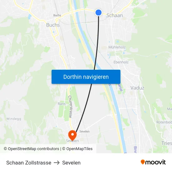 Schaan Zollstrasse to Sevelen map