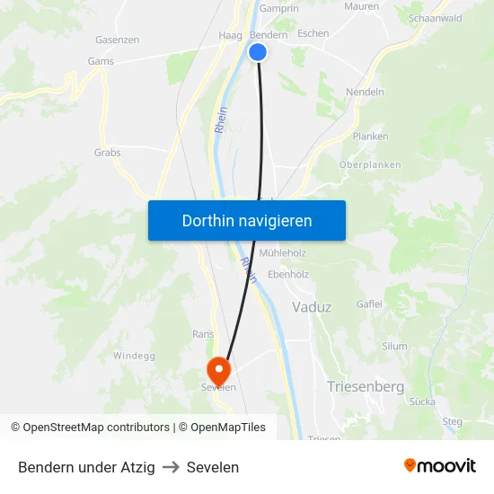 Bendern under Atzig to Sevelen map