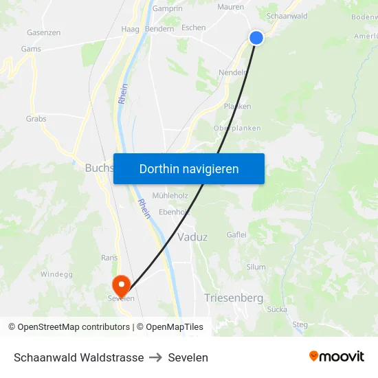 Schaanwald Waldstrasse to Sevelen map