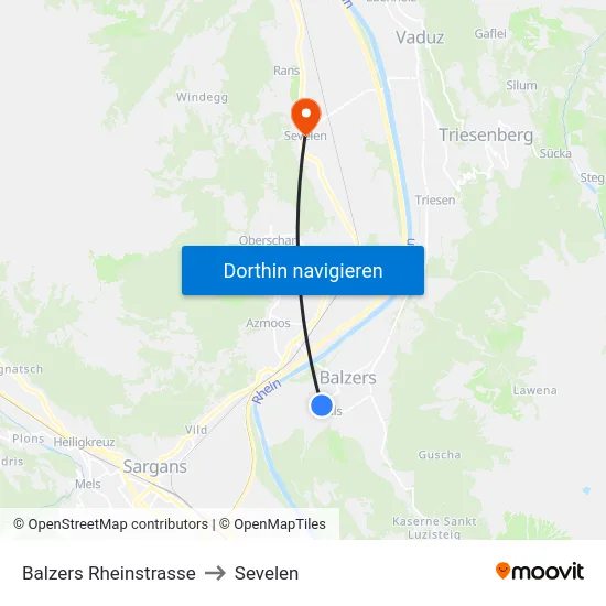 Balzers Rheinstrasse to Sevelen map