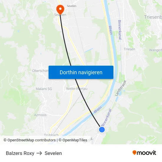 Balzers Roxy to Sevelen map