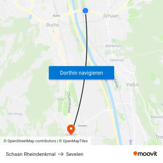 Schaan Rheindenkmal to Sevelen map