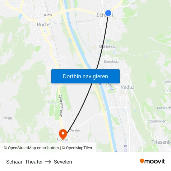 Schaan Theater to Sevelen map