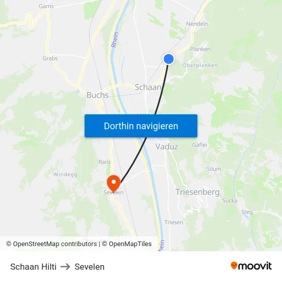 Schaan Hilti to Sevelen map