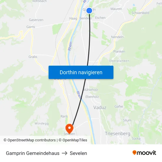 Gamprin Gemeindehaus to Sevelen map