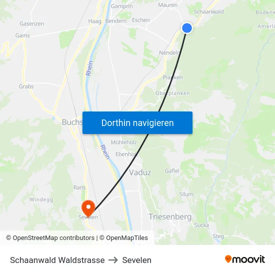 Schaanwald Waldstrasse to Sevelen map