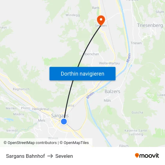 Sargans Bahnhof to Sevelen map
