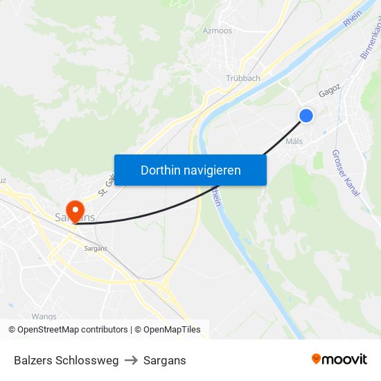 Balzers Schlossweg to Sargans map