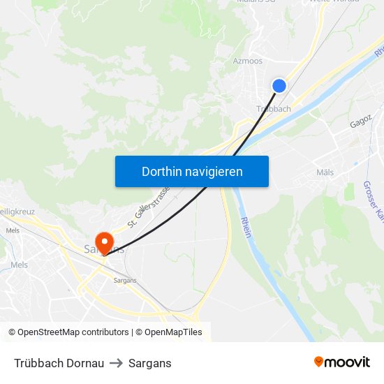 Trübbach Dornau to Sargans map