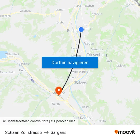 Schaan Zollstrasse to Sargans map