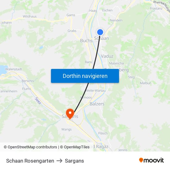 Schaan Rosengarten to Sargans map