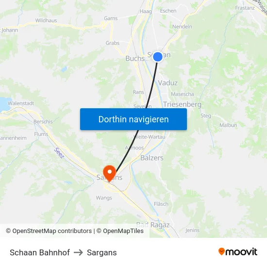 Schaan Bahnhof to Sargans map