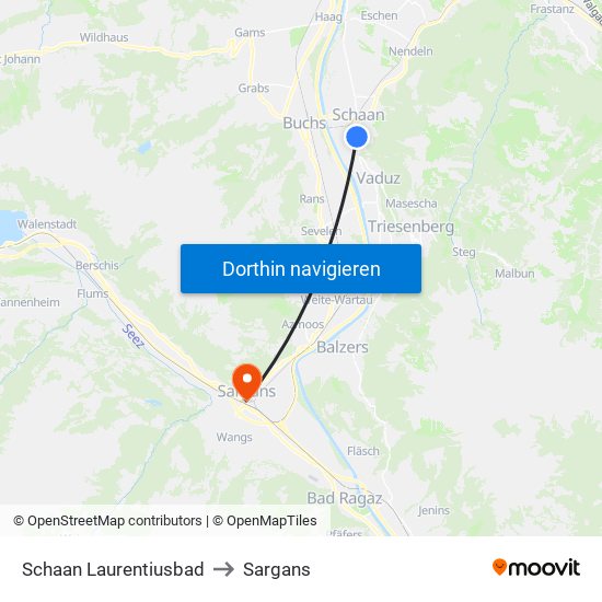 Schaan Laurentiusbad to Sargans map