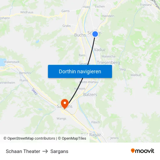 Schaan Theater to Sargans map