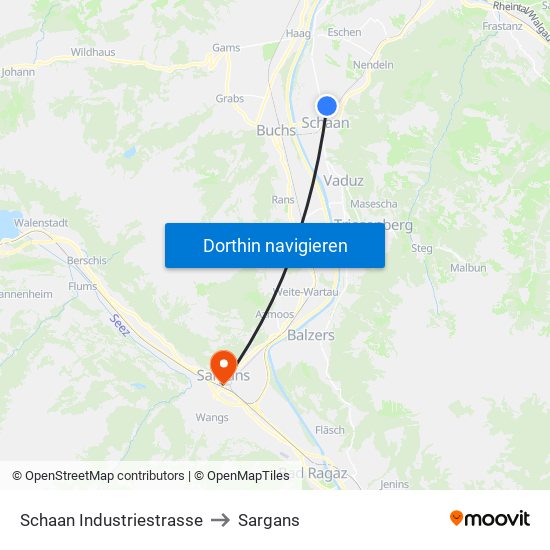 Schaan Industriestrasse to Sargans map