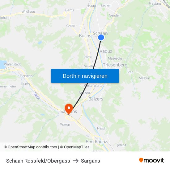 Schaan Rossfeld/Obergass to Sargans map