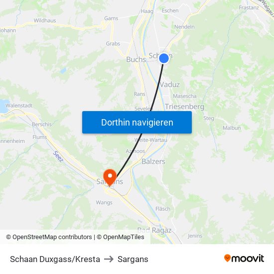 Schaan Duxgass/Kresta to Sargans map