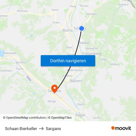 Schaan Bierkeller to Sargans map