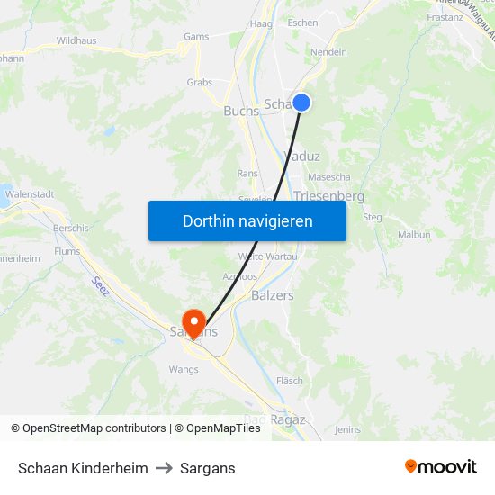Schaan Kinderheim to Sargans map