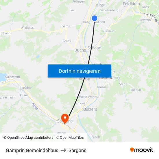 Gamprin Gemeindehaus to Sargans map