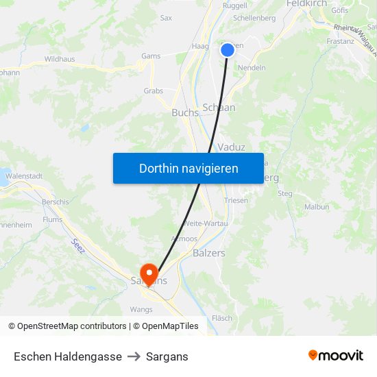 Eschen Haldengasse to Sargans map