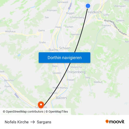 Nofels Kirche to Sargans map