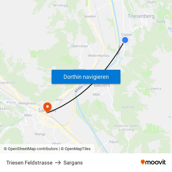 Triesen Feldstrasse to Sargans map