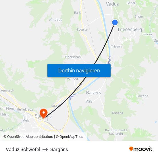 Vaduz Schwefel to Sargans map