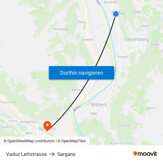 Vaduz Lettstrasse to Sargans map