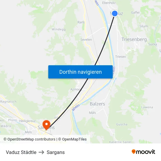 Vaduz Städtle to Sargans map