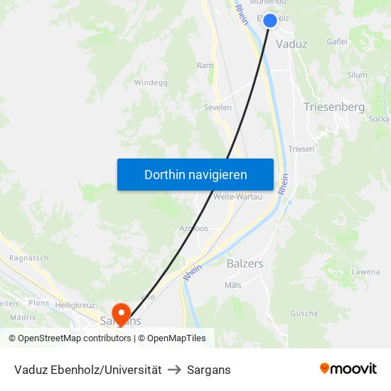 Vaduz Ebenholz/Universität to Sargans map