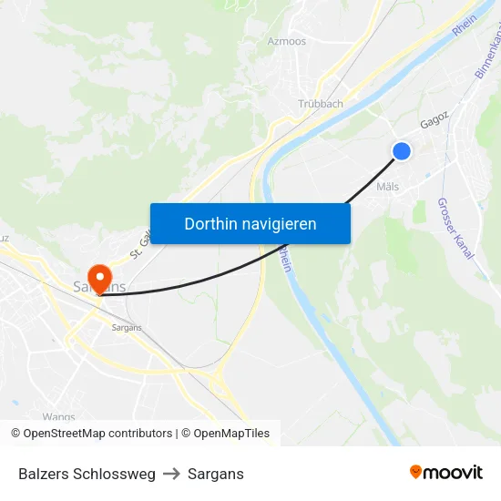 Balzers Schlossweg to Sargans map