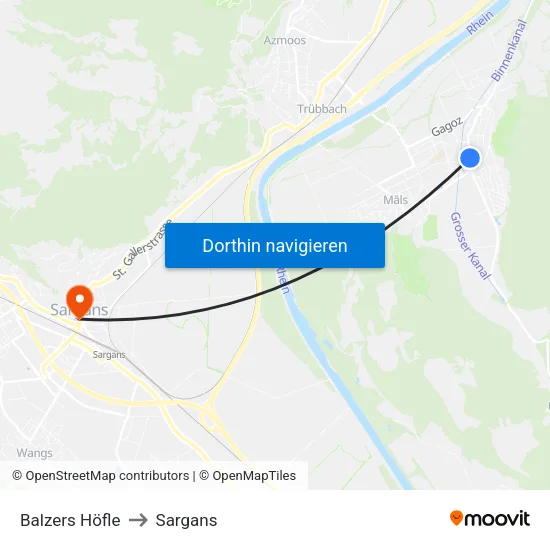 Balzers Höfle to Sargans map