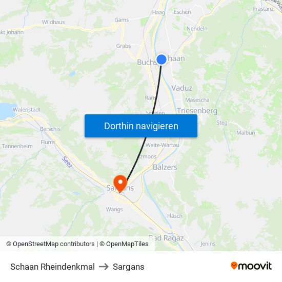 Schaan Rheindenkmal to Sargans map