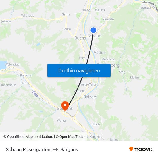 Schaan Rosengarten to Sargans map