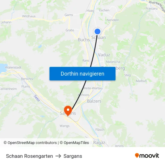 Schaan Rosengarten to Sargans map