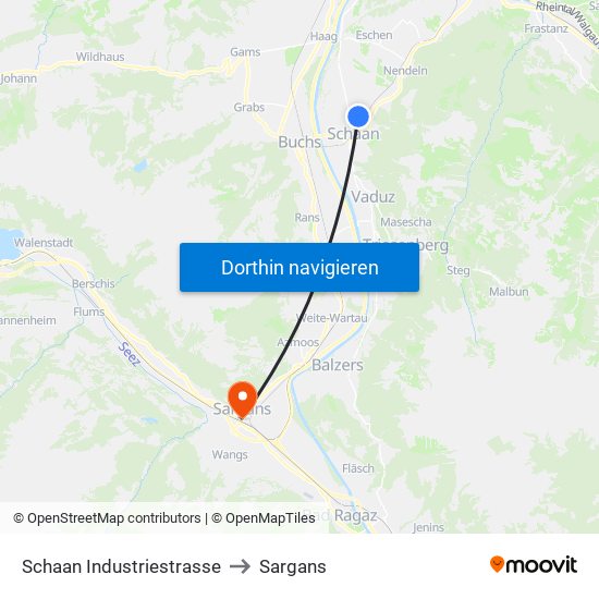 Schaan Industriestrasse to Sargans map