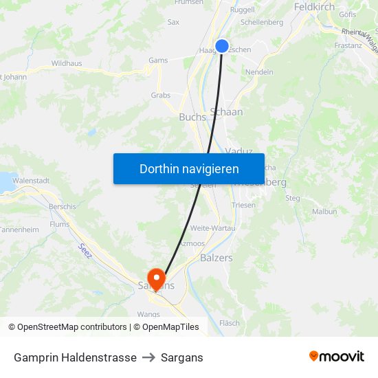 Gamprin Haldenstrasse to Sargans map