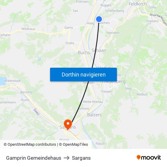 Gamprin Gemeindehaus to Sargans map