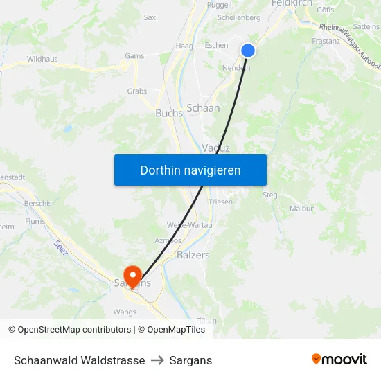 Schaanwald Waldstrasse to Sargans map