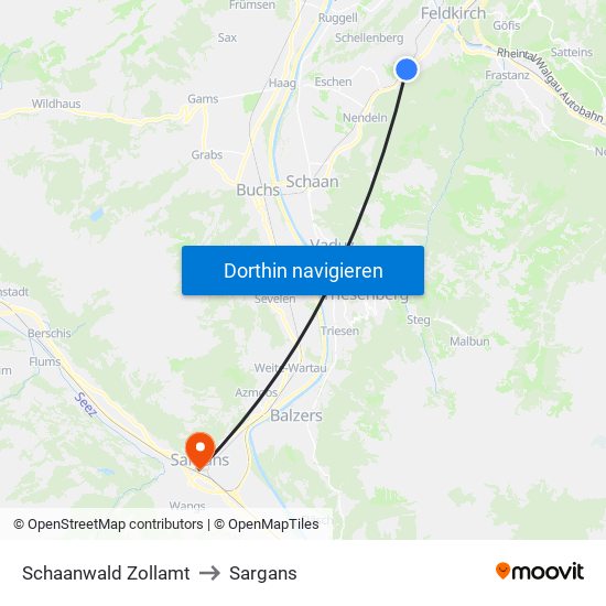 Schaanwald Zollamt to Sargans map
