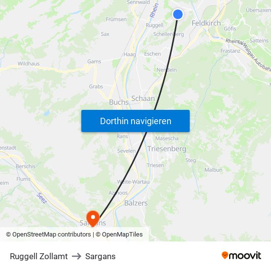 Ruggell Zollamt to Sargans map